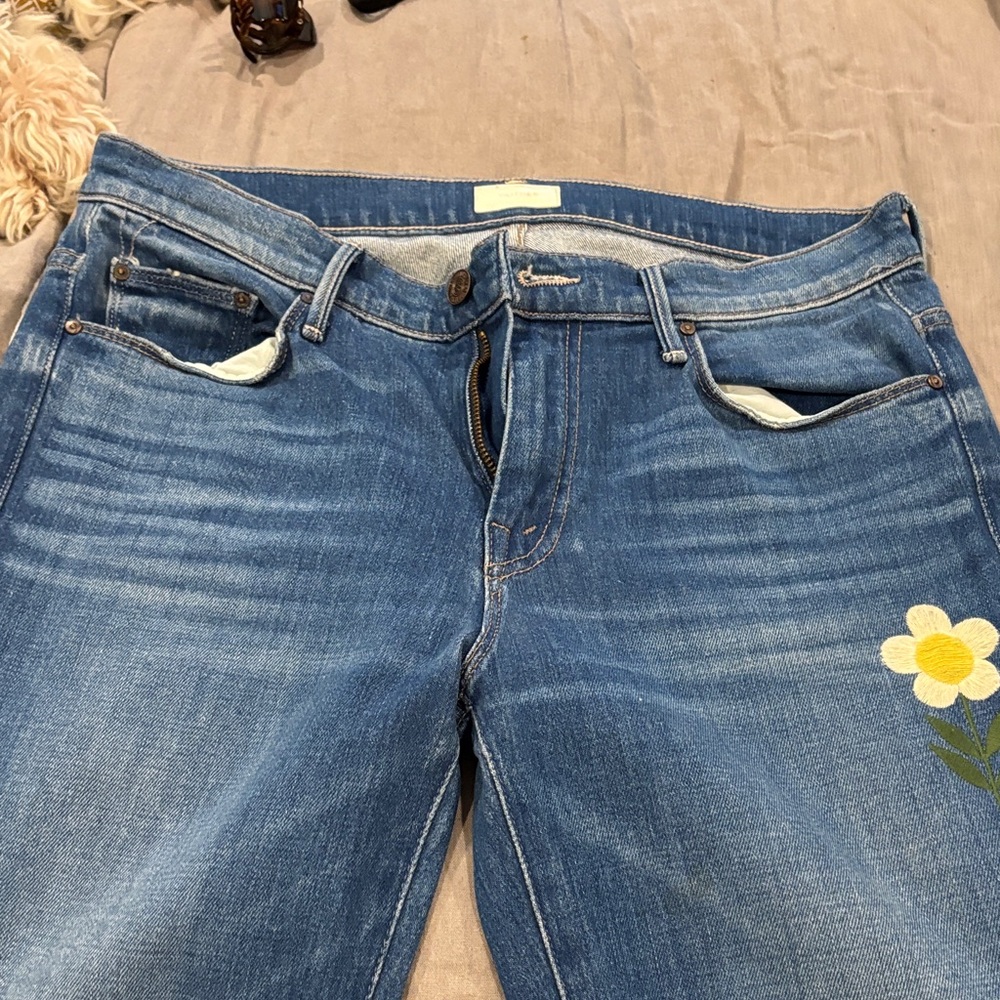 MOTHER Blue Jeans with Yellow Floral Accent